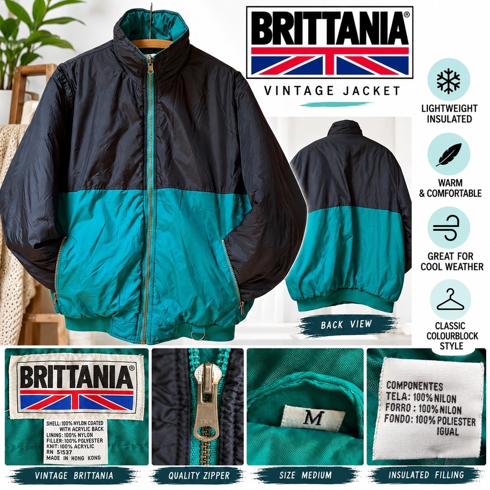 Vintage Brittania Mens Colorblock Retro Style Puffer Jacket Teal Navy Blue Med